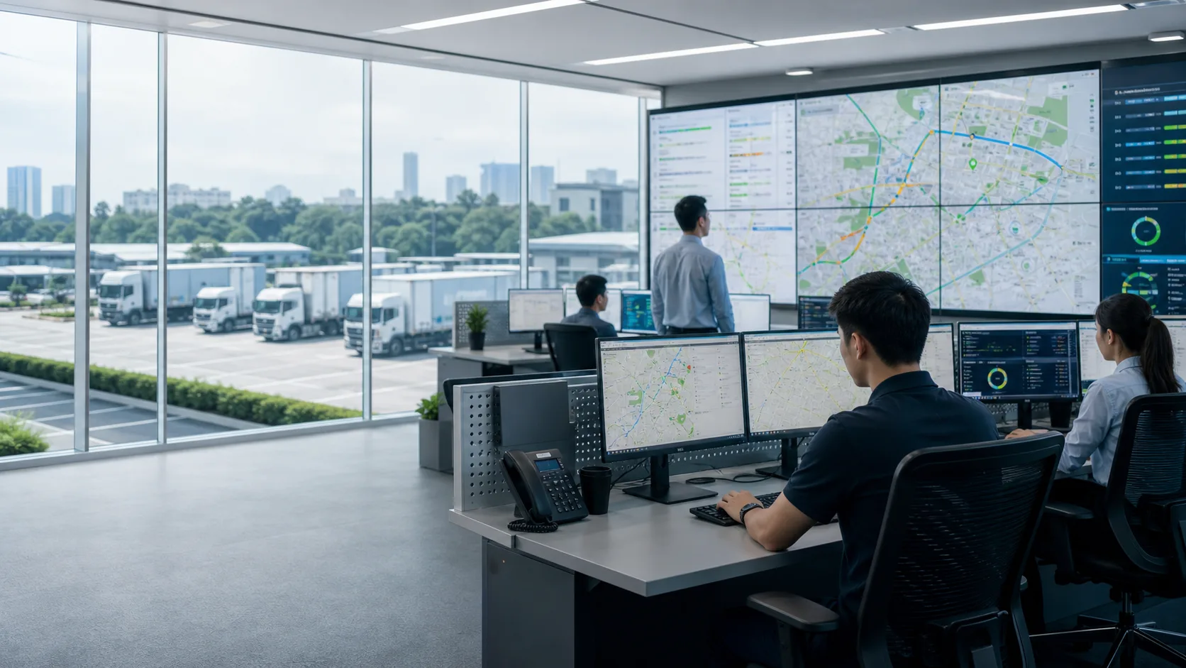 Fleet operations command center with dispatch screens and trucks visible outside.