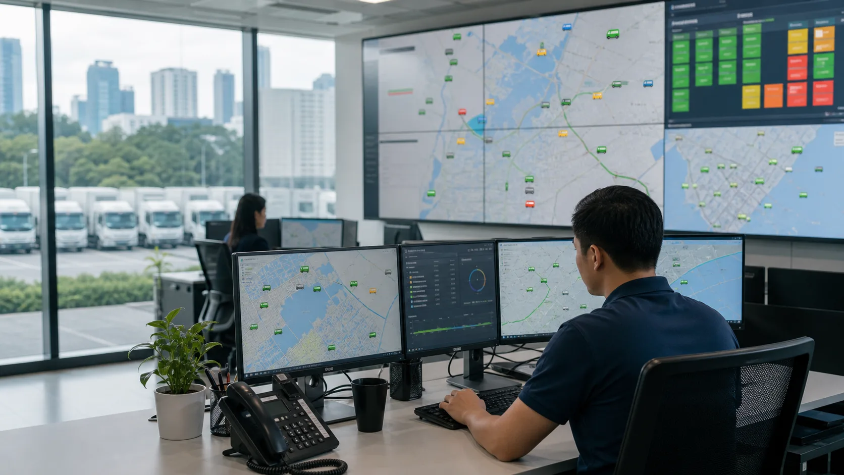 Fleet monitoring desk showing active vehicle coverage and route status.
